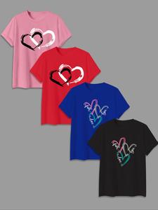 Women's Heart Print Short Sleeve Tee, Casual Round Neck T-shirt for Summer, Ladies Sportswear for Daily Wear