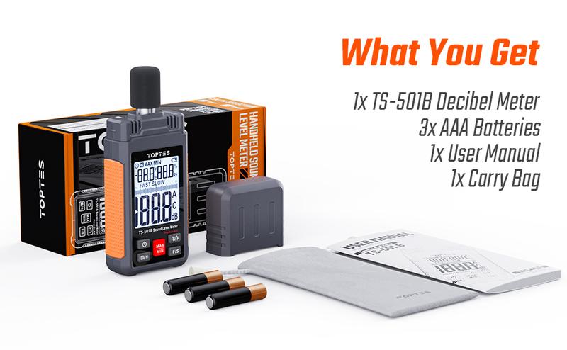 Product Introduction of Decibel Meter, TopTes TS-501B Sound Level Meter with A/C Weighting, Measuring Range 30 to 130 dB, SPL Tester for Noise Control, 2.25-inch Backlit LCD Display, MAX/MIN, Data Hold - Orange 3