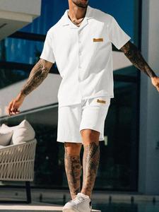 Men's Letter Patched Short Sleeve Shirt & Shorts Two-Piece Set, Loose Casual Top & Shorts, Summer Outfits Clothes Set for Men