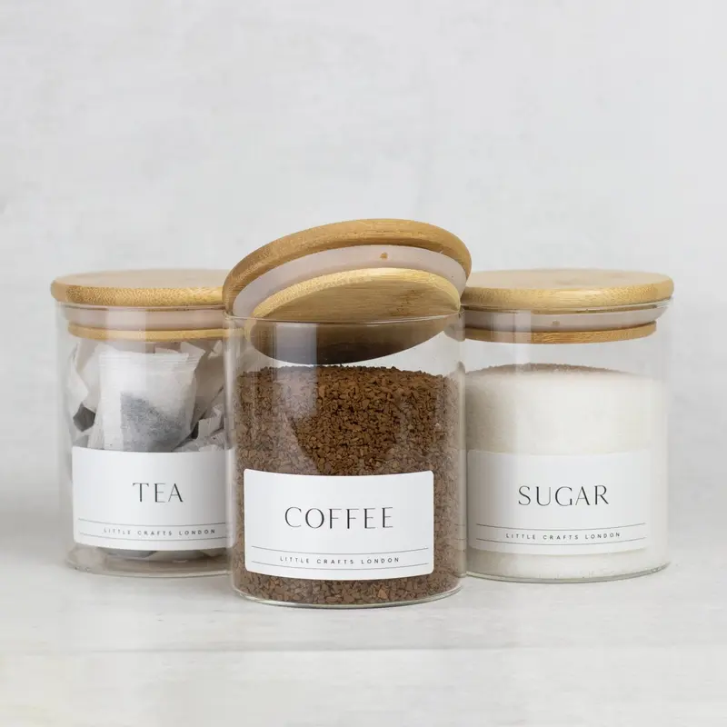 Set of 3 Glass Jars with Bamboo Lid - Tea, Coffee and Sugar (Slim label) 450 ML 2