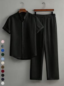 Two-Piece Set Men's Solid Textured Button Shirt & Pants, Regular Fit Casual Short Sleeve Collared Top & Trousers for Summer, Men's Clothes for Daily Wear