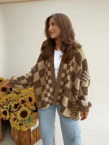 Women's Trendy Checkerboard Knit Cardigan with Lantern Sleeves, Lady Retro Loose Fit Outerwear for Autumn and Winter, Stylish Warm Sweater
