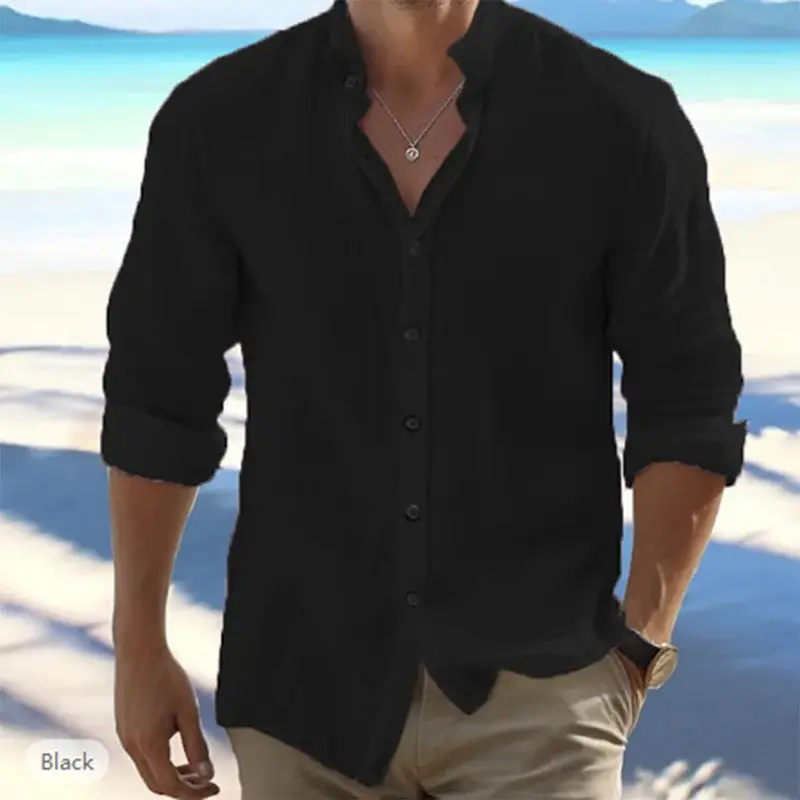 Cotton Linen Hot Sale Men's Long-Sleeved Shirts Summer Solid Color Stand-Up Collar Casual Beach Style Plus Size 3