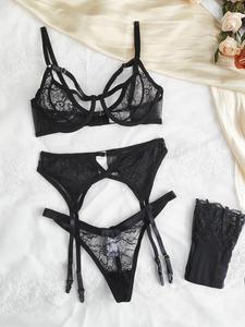 Women's Sexy Lace Bra & Thong & Garter Belt & Stockings Set, Solid Color Push Up Bra & Panty & Garter Belt & Socks, Lingerie Set for Women