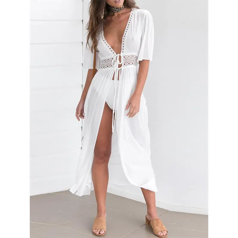 2025 Summer Bikini Cover-ups Women Bohemian Beach Long Dress Short Sleeve Lace Hollow Out Cardigan Swimwear Cover Ups Beachwear 1