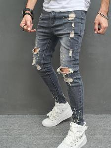 Men's Ink Splash Print Ripped Knee Skinny Jeans, Fashion Casual Pocket Design Denim Pants for Daily Outdoor Wear, Mens Graphic Bottoms for All Seasons, Cotton Fabric, Menswear, Streetwear, Stretch Denim Jeans