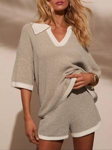 Women's Striped Print Short Sleeve Sweater & Elastic Waist Skirt Two-Piece Set, Casual Round Neck Knit Top & Skirt for Summer, Fashion Women's Two-Piece for Daily Wear, Clothes, Womenswear