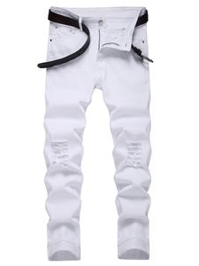 Men's Plain Ripped Zipper Button Fly Skinny Jeans, Slim Streetwear Casual Comfy Denim Pants for Daily Wear, Fashion Men's Bottoms for All Seasons, Cotton