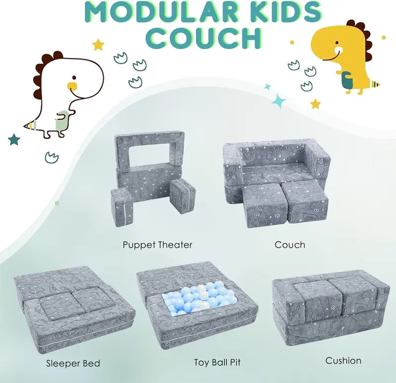 MeMoreCool Kids Sofa Bed, Modular Toddler Chair Couch, Glow in The Dark Baby Mini Couch Lounger Fold Out, Kids Bedroom Furniture for Playroom, Grey Dinosaur 4