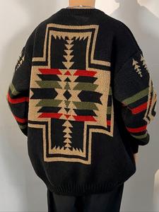 【Plus Size】 Men's Geometric Print Drop Shoulder Sweater, Casual Long Sleeve Round Neck Jumper for Fall & Winter, Fashion Men's Knitwear for Daily Wear