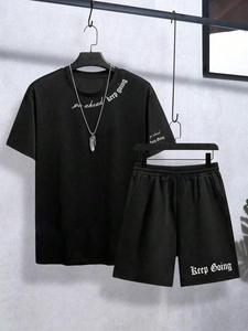 Men's Letter Print Short Sleeve Tee & Track Shorts Set, Regular Fit Casual Round Neck T-shirt & Sweat Shorts, Summer Clothes Set for Men