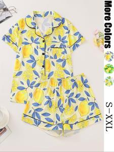 Women's Fruit Print Short Sleeve Pajama Two-piece Set, Casual Comfy Button Shirt & Elastic Waist Shorts Loungewear Set, Ladies Sleepwear for Summer, Pyjamas, Pjs