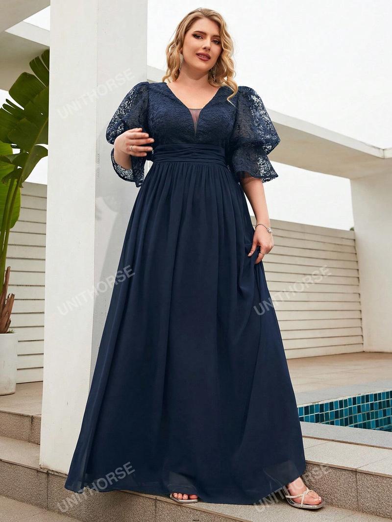 Product Introduction of Gown Floral Waist Lantern Neck V - Sleeve Pleated Embroidery Chiffon Spliced Ball Dress 32