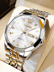 Summer 2025 New Fashion Elegant Formal Analog Quartz Watches for Men, Trendy Rhinestones Decor Wristwatch with Date & Week Display, Business Watch for Work As Gift, Gift Ideas for Men Watches