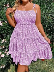 【Plus Size】 Ditsy Floral Print Frill Trim Shirred Tie Shoulder Cami Dress, Boho Fashion Ruffle Hem Backless Spaghetti Strap Dress for Daily Holiday Vacation Wear, Women Clothing for Spring & Fall