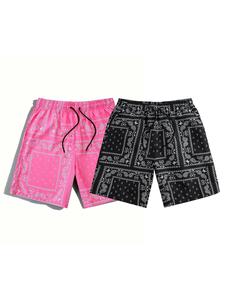 Men's 2pcs Paisley Print Drawstring Waist Shorts, Menswear, Summer Clothes Regular Fit Casual Pocket Elastic Waist Straight Leg Shorts For Summer, Men's Bottoms For Daily Wear, Shorts for Men