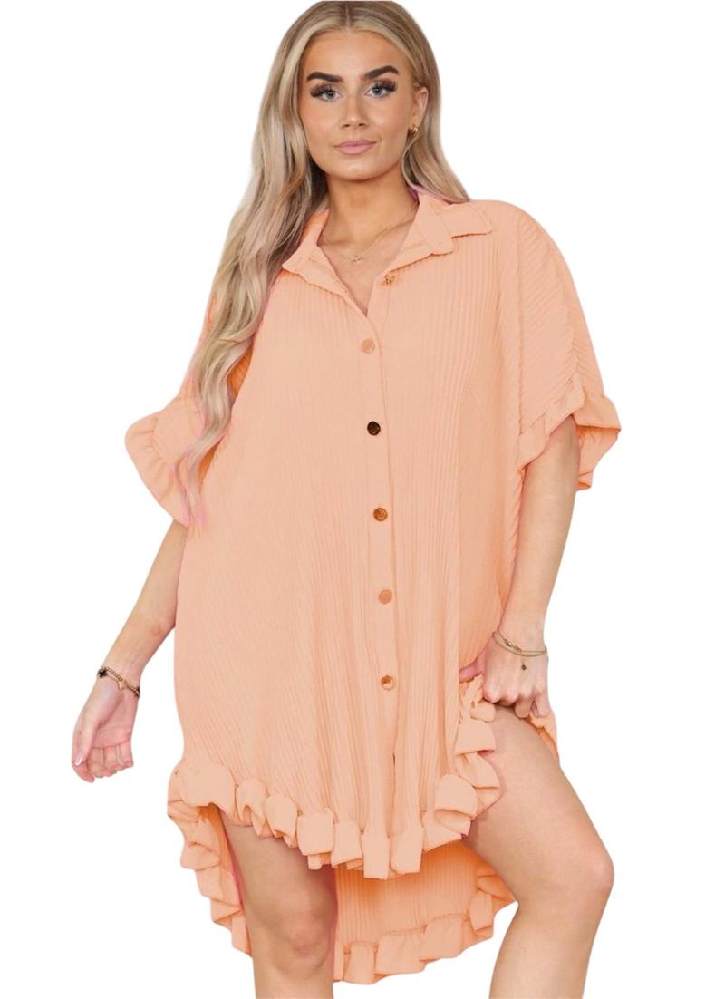 Product Introduction of Women's Lightweight Pleated Frill Hem Shirt Dress - Casual Loose Fit Collared Tunic with Gold Buttons - Comfort, Breathable 4
