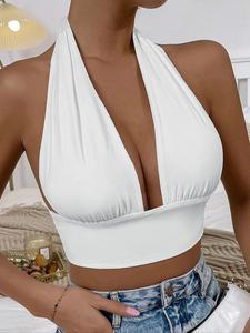 Women's Solid Color Backless Tie Back Halter Crop Top, Summer Outfits 2024, Casual Sleeveless Ruched Cropped Top for Summer, Ladies Clothes
