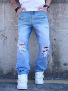 Men's Plain Ripped Jeans, Casual Comfy Loose Fit Denim Pants for Daily Wear, Woven Bottoms for All Seasons, Cotton