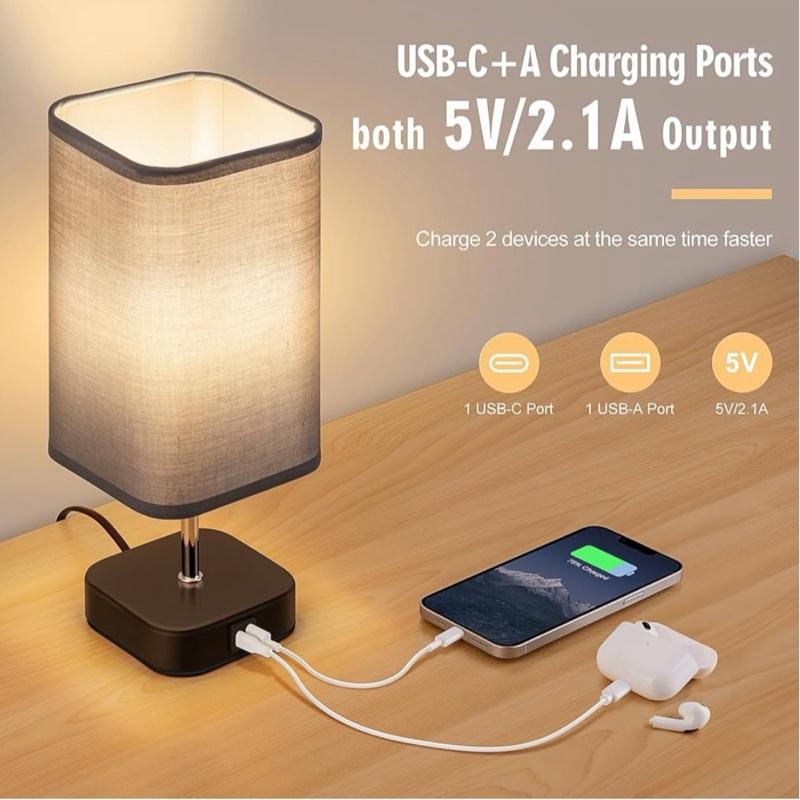 Bedside Lamps Set of 2 - Touch Lamps with USB-C+A Charging Ports, 3-Way Dimmable Table Lamp for Bedroom Living Room with Grey Fabric Shade 2