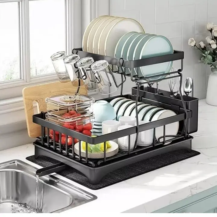 2 Tier Dish Drainer, Multifunctional Dish Drainer Rack, Rustproof Kitchen Dish Drying Rack  Holder, Space-Saving Dish Kitchen Counter, Large, Black Storage Holders & Racks Cabinet Organizer  Steel Waterproof Decor Installation dish  drying  rack 2