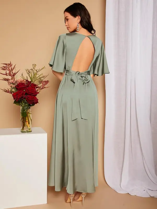 Belle Cut Out Tie Back Butterfly Sleeve Satin Bridesmaid Dress 0