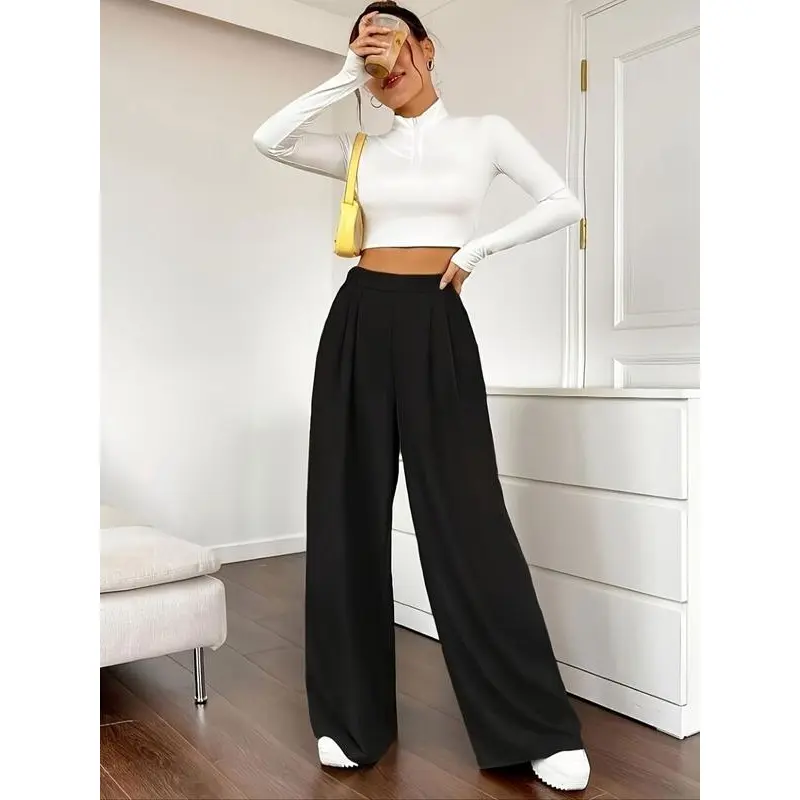Women's Solid Pocket Elastic Waist Wide Leg Pants, Casual Comfy Trousers for Daily Wear, Trousers for Women, Ladies Bottoms for All Seasons Womenswear Comfort Basic Minimalist Black 2