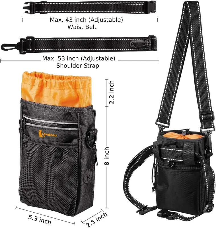 Dog Treat Pouch Bag with Poop Bag Holder, Waterproof Puppy Training Walking Bag W/Shoulder Strap, Waist Belt and Clip, Easily Carrying Dog Toys, Food 6