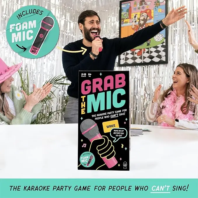Grab The Mic – Family Karaoke Game, 8+ Year Olds, 2-10 Players - Board Game for Bad Singers with 250 Lyrics (125 Cards) for Hilarious Game Nights & Birthday Party 4