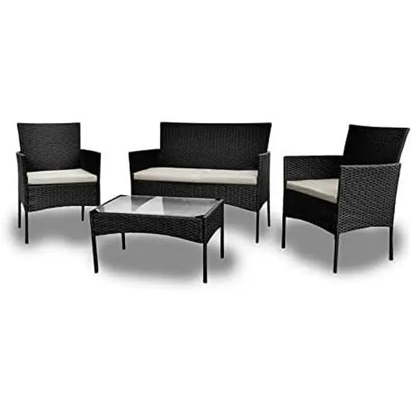 Rattan Garden Furniture Set Outdoor Lounge Poolside Family Lawn Furniture 4 Piece Set Table Chair Sofa Grey Brown Black Patio (Black)