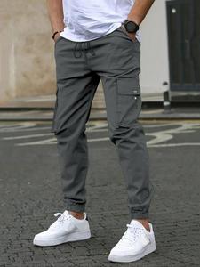Men's Solid Flap Pocket Drawstring Waist Cargo Pants, Regular Fit Casual Comfy Trousers for Spring & Fall, Men's Bottoms for Daily Wear, Casual Streetwear Trousers