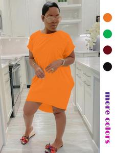 【Plus Size】 Solid Color Pocket Tee Dress, Casual Short Sleeve Round Neck Dress for Daily Wear, Women's Plus Sleepwear for All Seasons