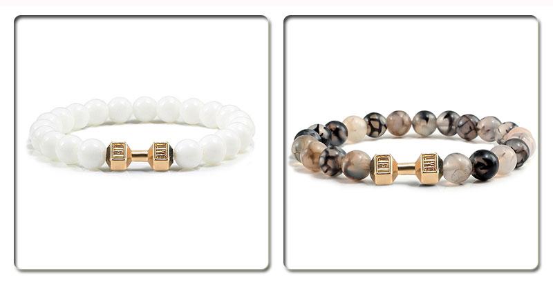 Product Introduction of Natural Volcanic Stone Bracelet Men Matte Black Lave White Beads Charm Dumbbell Strand Bracelets Women Barbell Fitness Jewelry 24