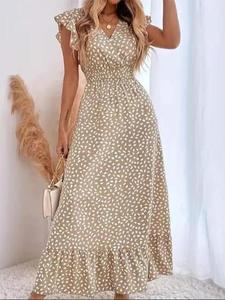 Women's All Over Print Ruffle Hem Dress, Casual Fashion V Neck Long Dress for Daily Outdoor Wear, Women Dress for Summer