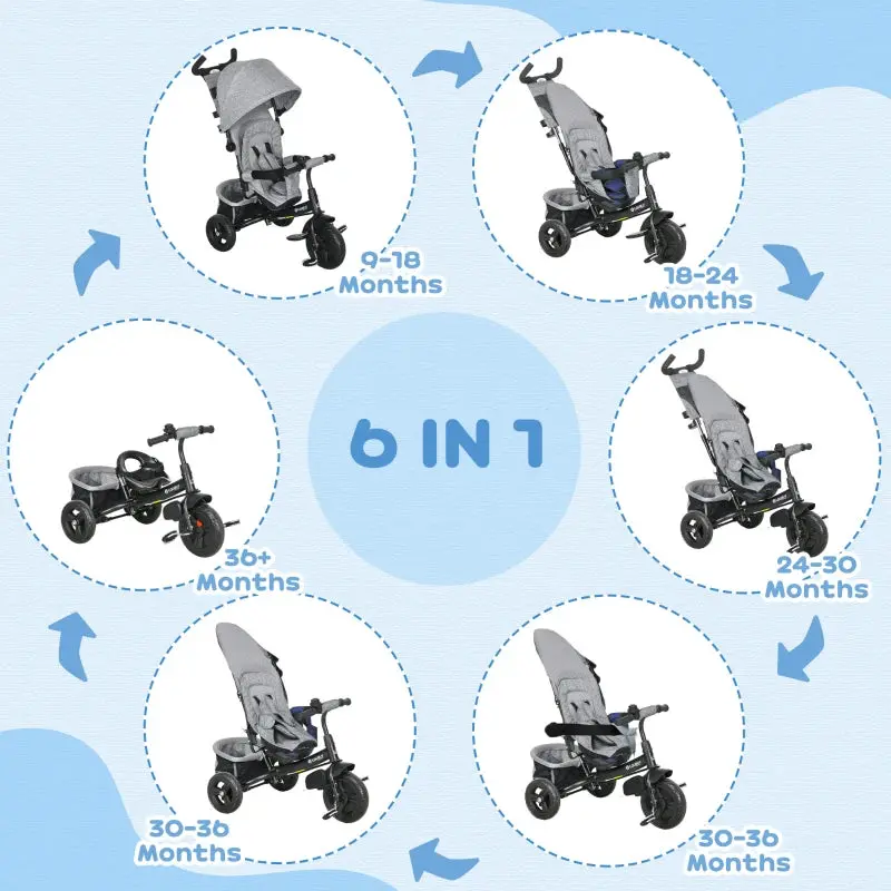 Kids Trike Push Bike with Push Handle, Canopy for 1-5 Years, Grey 2