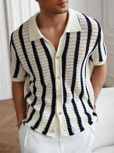 Men's Striped Print Knit Cardigan, Regular Fit Casual Short Sleeve Button Front Cardigan for Summer, Fashion Men's Knit Clothing for Daily Wear, Tops