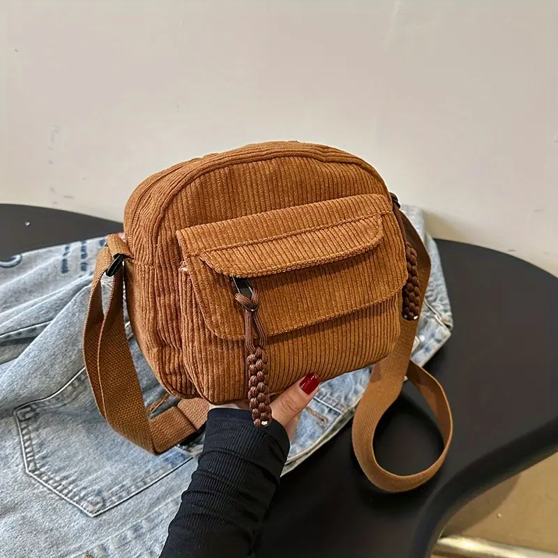 A&H     Harajuku-Style Vintage Corduroy Crossbody Bag - Japanese Casual Shoulder Handbag with Zipper, Striped Design and Polyester Lining - Unisex 2