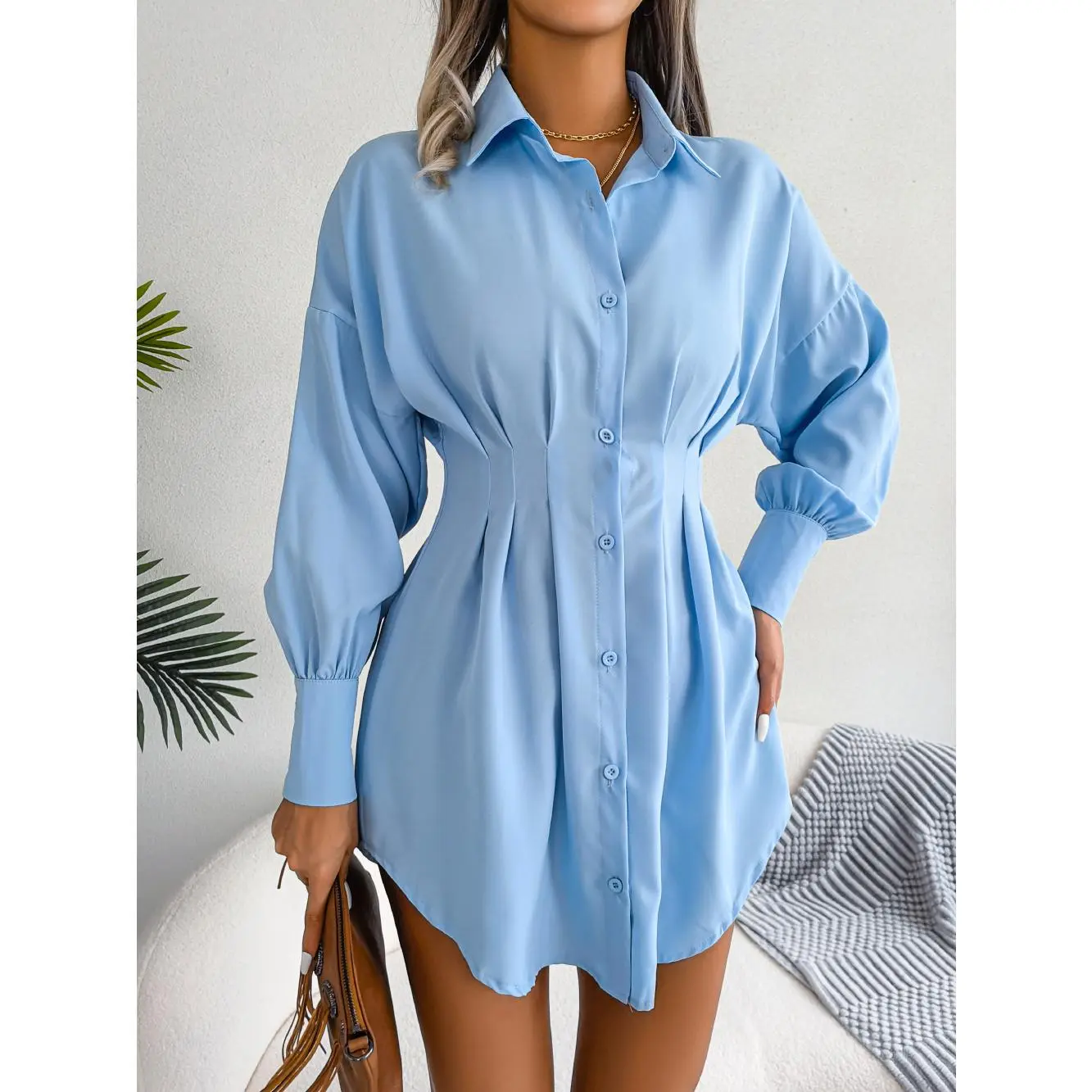 Women Casual Buttons Long Sleeve Shirt Dress Autumn 2025 Clothing White Blue Army Green