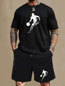 【Plus Size】 Men's Basketball Print Short Sleeve Graphic Tee & Shorts Two-piece Set, Regular Fit Casual Round Neck T-shirt & Track Shorts, Men's Summer Clothes