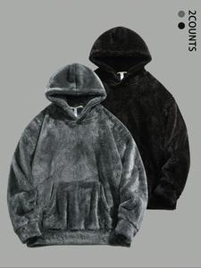 Men's Solid Pocket Thickened Hoodie, Casual Loose Comfy Warm Long Sleeve Hooded Sweatshirt for Fall & Winter, Men's Clothes for Daily Wear