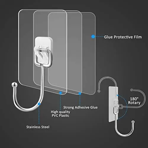 6PCS Self Adhesive Hook, Upgraded 35 lb/ 15kg (Max) Strong Sticky Hooks for Hanging Heavy Duty, Damage Free Large Size Wall Hooks Up, Clear Stick on Hook for Home Bathroom Kitchen and Office 1