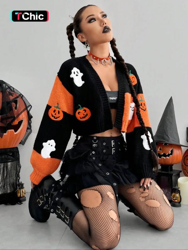 Women's Halloween Colorblock Pumpkin Embroidered Loose-Fit Short ...