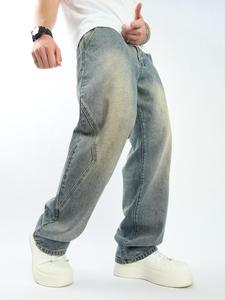 Men's Solid Color Straight Leg Jeans, Loose Street Style Casual Comfy Denim Trousers for Daily Wear, Fashion Men's Bottoms for All Seasons, Cotton