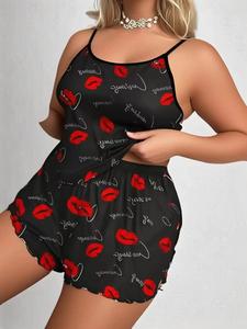 【Plus Size】Women's Heart ＆ Kiss Print Pyjama Set, Casual Stretchy Comfy Sleeveless Spaghetti Strap Cami Top & Elastic Waist Shorts Pj Set, Women's Sleepwear for Summer, Womenswear, Homewear, Curvy, Loungewear, Soft Comfy Lingerie