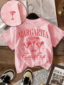 Women's Letter & Cocktail Print Round Neck Tee, Casual Slogan Graphic Short Sleeve T-shirt for Summer, Ladies Clothes for Daily Wear, Top