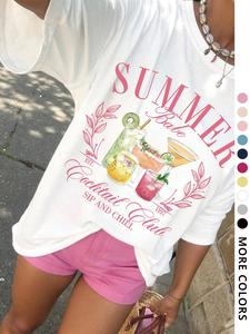 Women's Letter & Drink Print Round Neck Tee, Casual Short Sleeve Crew Neck T-Shirt for Summer, Fashion Women's Top for Daily Wear