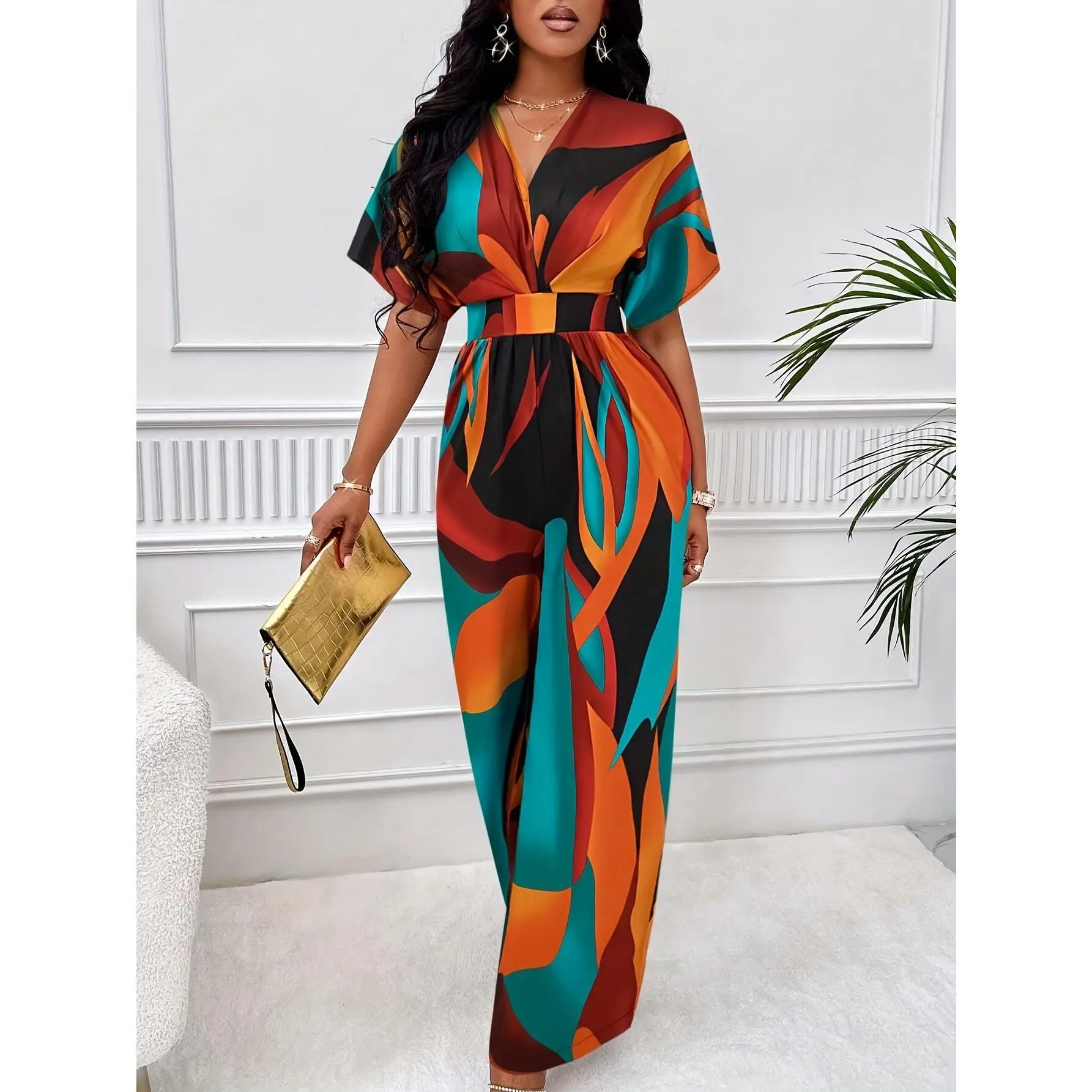 Women's Vibrant Geometric Print Jumpsuit with Batwing Sleeves and Tie Waist - V-Neck, Polyester, Machine Washable, Perfect for All Seasons