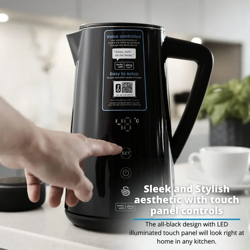 2025NEW-Swan SK14650BLKN Alexa Smart Kettle, LED Touch Display, Keep Warm Function, Stainless Steel Insulated, 1.5L, 1800W, Black 4
