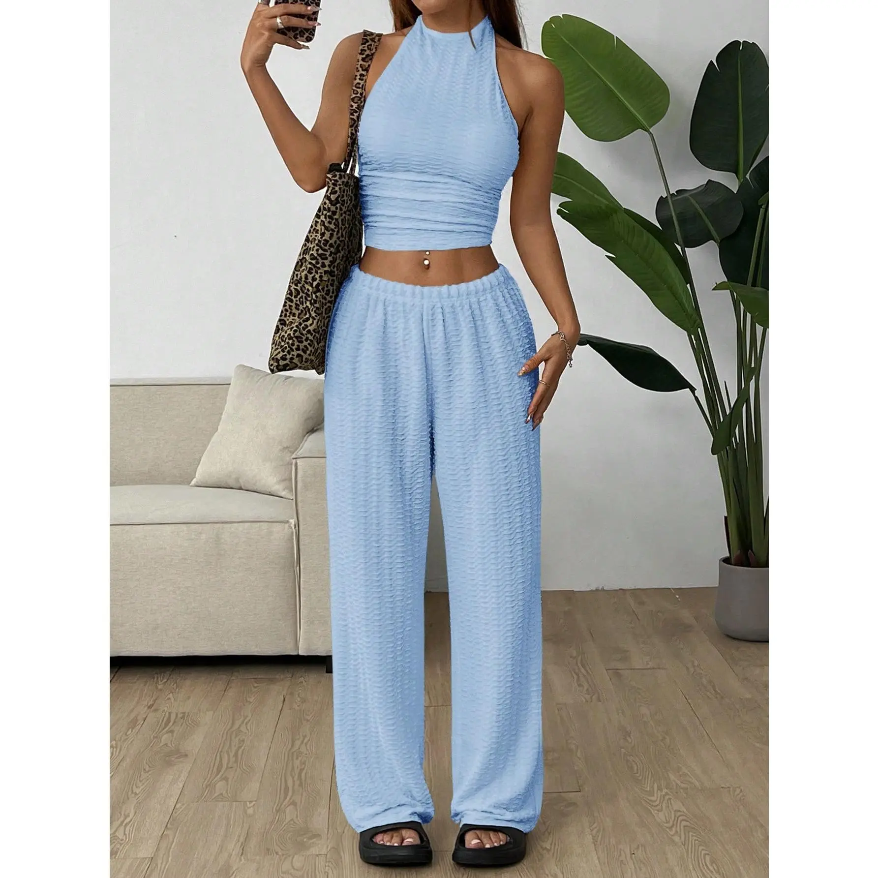 EZwear Light Blue Knitted Women's Casual Tight-Fitting Lounge Set Clothes Womenswear Suits Comfort Basic Minimalist Short Sleeveless Gamis