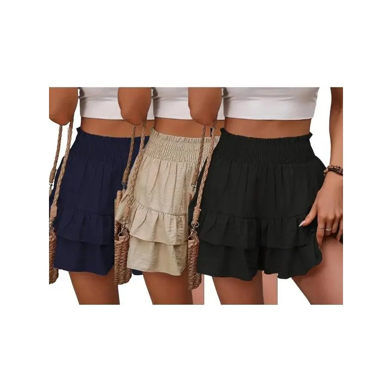 Women's Frill Trim Ruffle Hem Shirred Shorts, Boho Casual Shorts for Spring & Summer, Summer Shorts for Women, Back To School, Ladies Elegance Minimalist Shorts, Wide Leg Shorts for Women, Ruffle Shorts, Going Out Bottoms Womenswear Comfort Basic 6